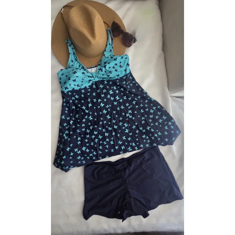 Cupshe Butterfly Print Swim Dress Tankini Set with Boy Shorts Teal Navy Blue XXL